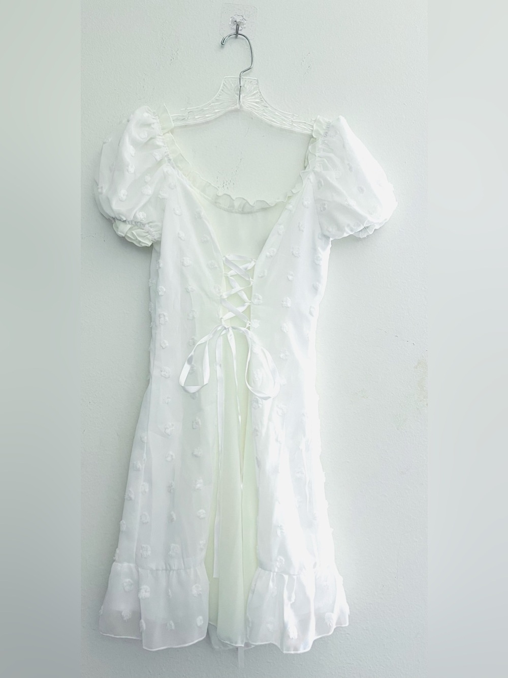 SHEIN White Swiss Dot Puff Sleeve Mini Dress Women XS Cottagecore Lace Up